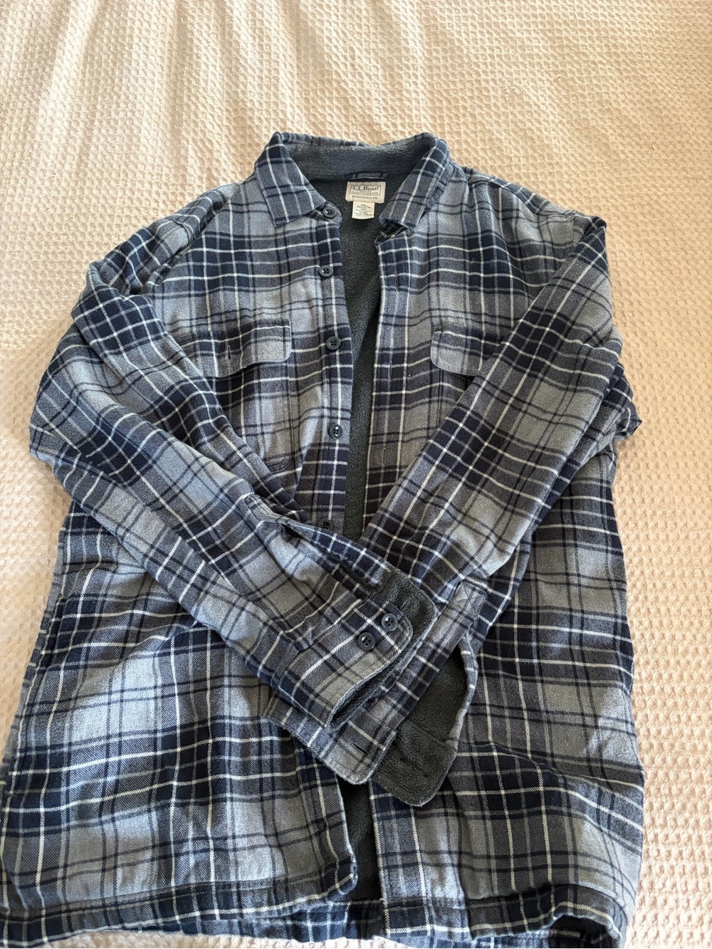 L.L. Bean Navy and Gray Plaid Shirt Jacket
Fleece lined